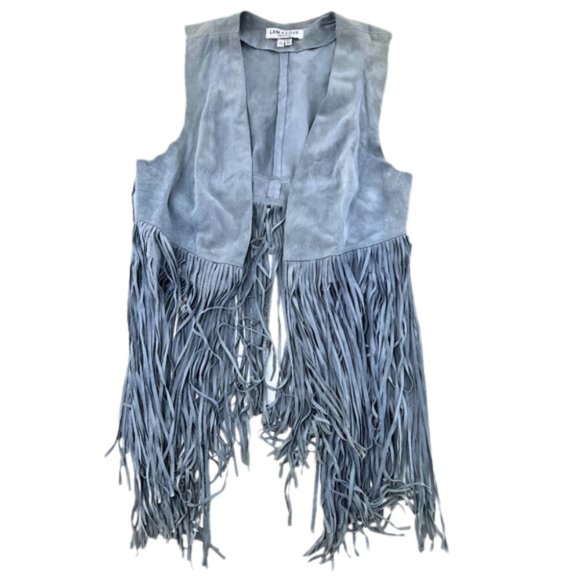 Lamarque Collection Vest Womens XS Gray Open Front Genuine Leather Fringe Long - Picture 1 of 6